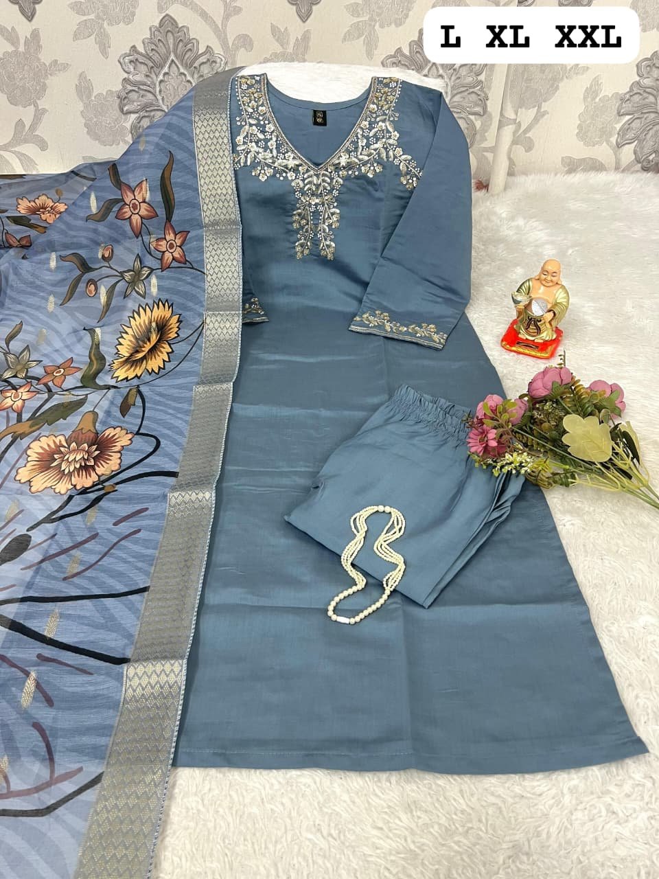 Paridhan Banarasiya Roman Silk Khatli Work Kurti Pant Set with Chanderi Dupatta Code !! F.B.K.