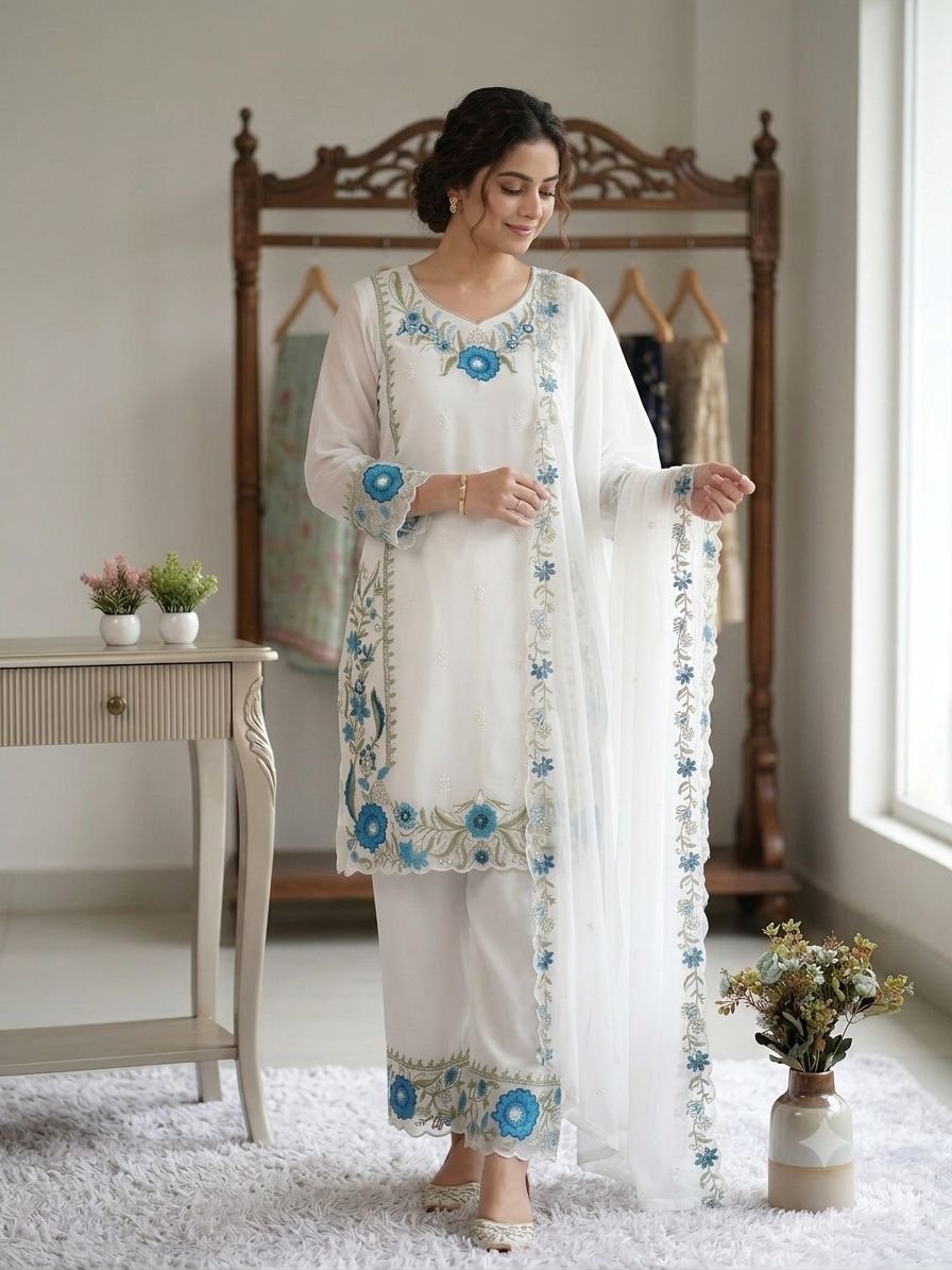 Paridhan Banarasiya Elegant Off-White Fox Georgette Embroidered Kurta Set with Plazzo & Dupatta Code F.B.P.K.