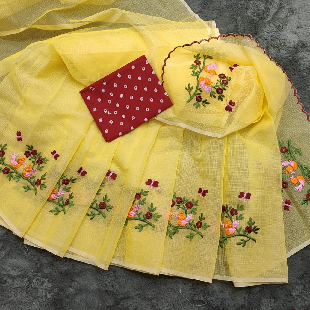 Kota Doria Mix Cotton Saree with Beautiful Bird Hand Embroidery Code-K.S.M.