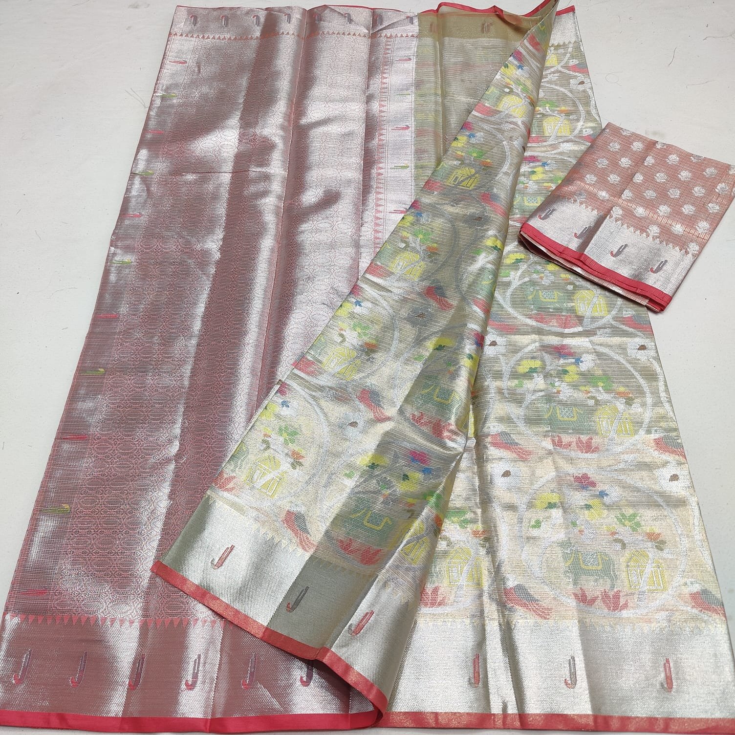 Premium Kota Doria Soft Silk Weaving Saree in Metallic Rose Gold & Silver Code !! K.S.M.