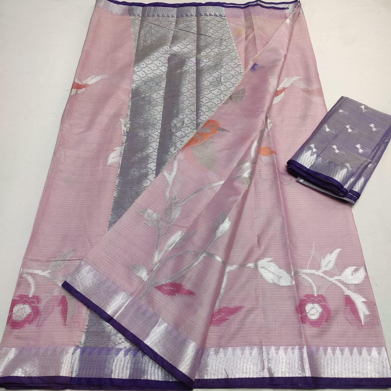 Premium Kota Doria Soft Silk Saree in Pastel Pink and Lavender with Silver Zari Floral Weaving Code !! K.S.M.