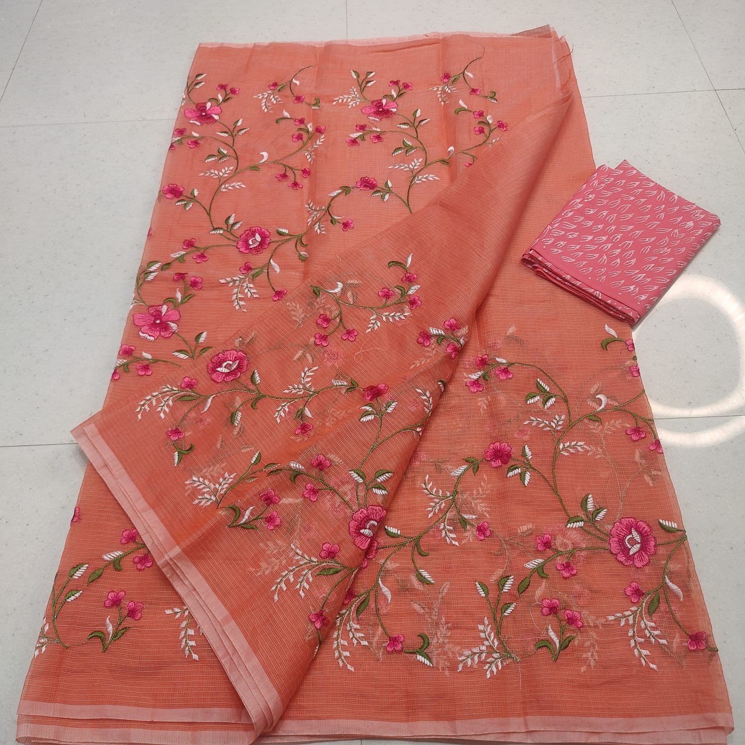 Premium Kota Doria Cotton Mix Embroidery Saree in Peach with Contrast Printed Blouse Code-K.S.M.
