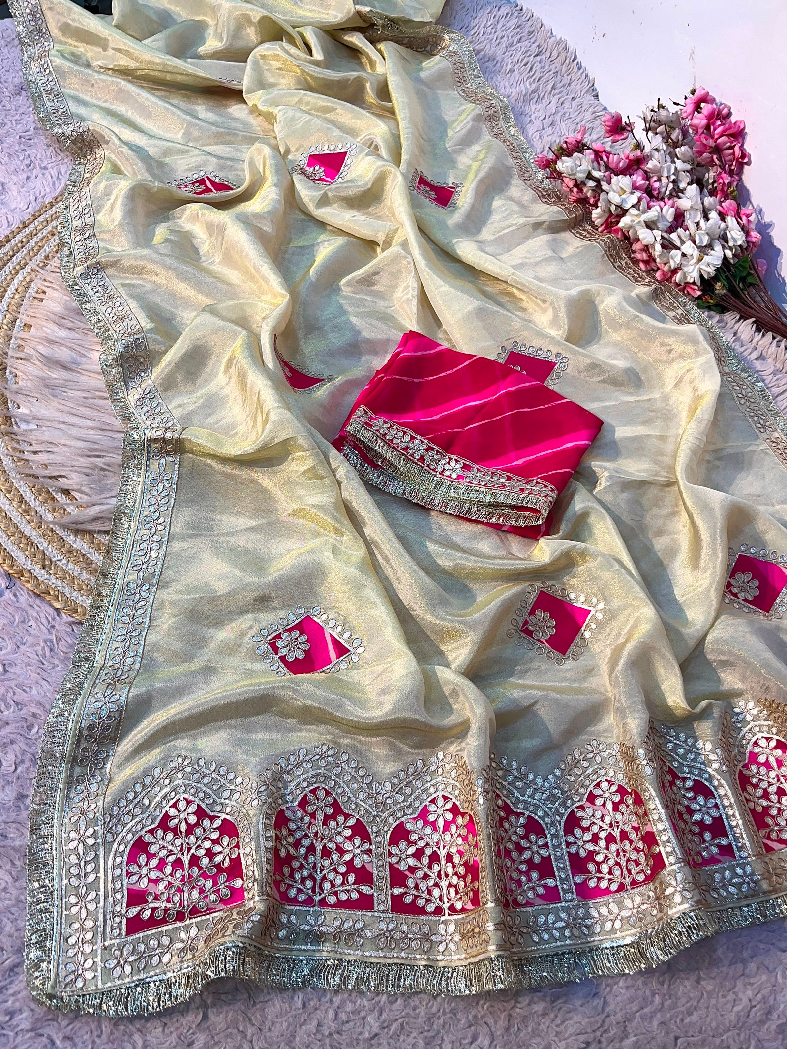 Pure Cosmos Tissue Silk Saree in Champagne Gold with Rani Pink Gota Patti Work Code-A.T.