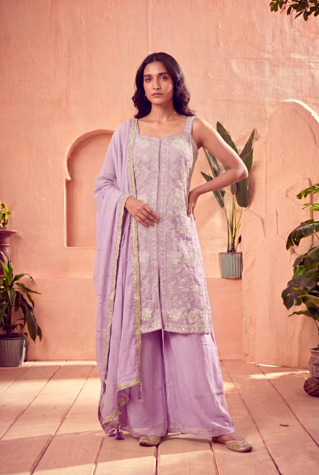Premium Chinon Silk Embroidered Sharara Suit Set with Beads Handwork Code !! F.B.S.S.