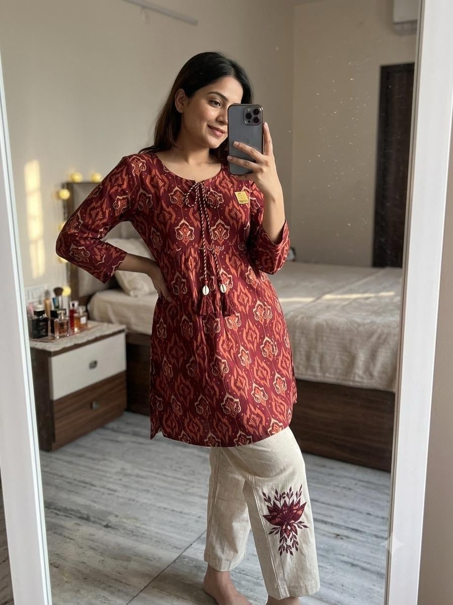 Premium Cotton Ikkat Print Co-Ord Set with Hand Embroidered Pant Code !! F.B.K.