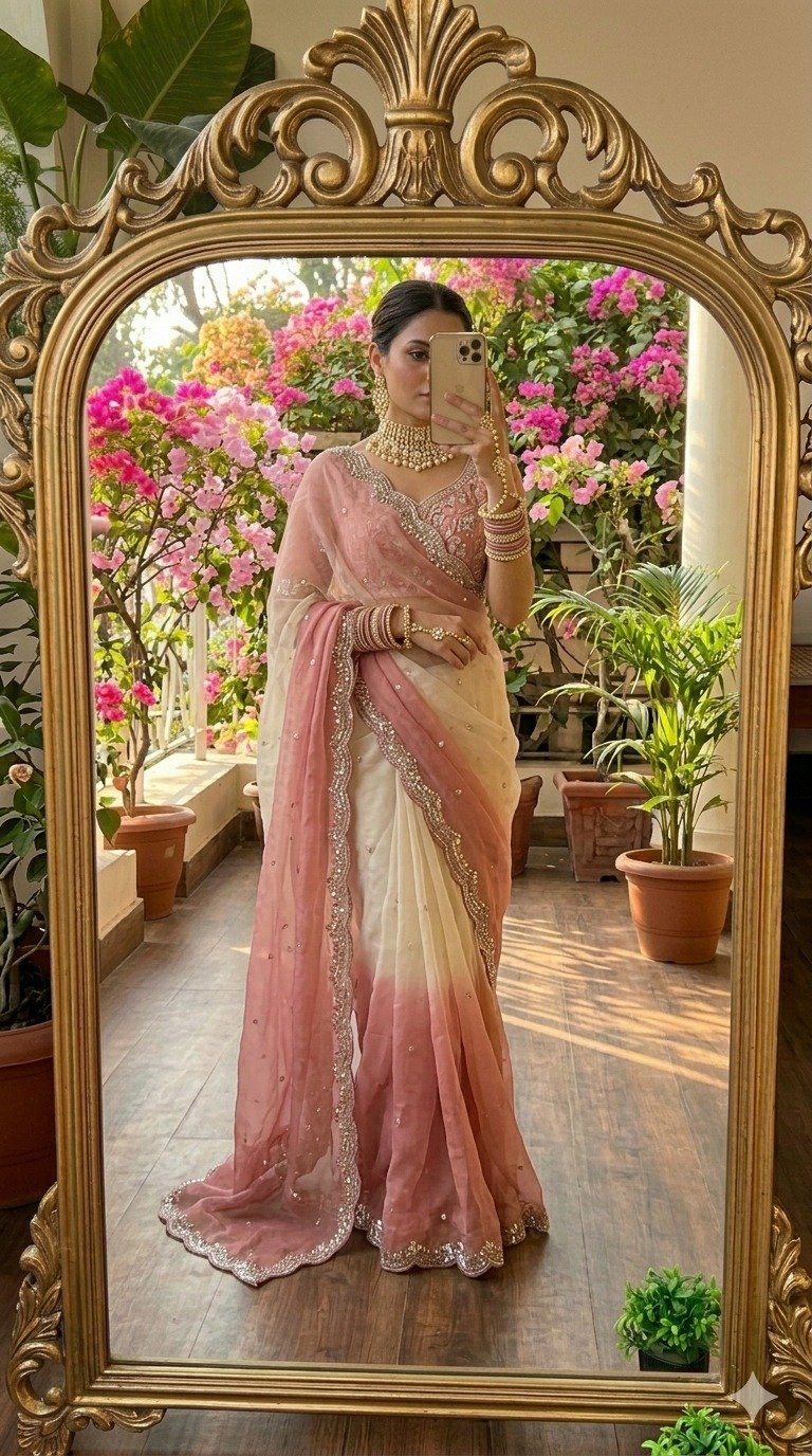 Premium Gold Crush Organza Saree with Handcrafted Cutdana Beads Work Code !! F.B.S.