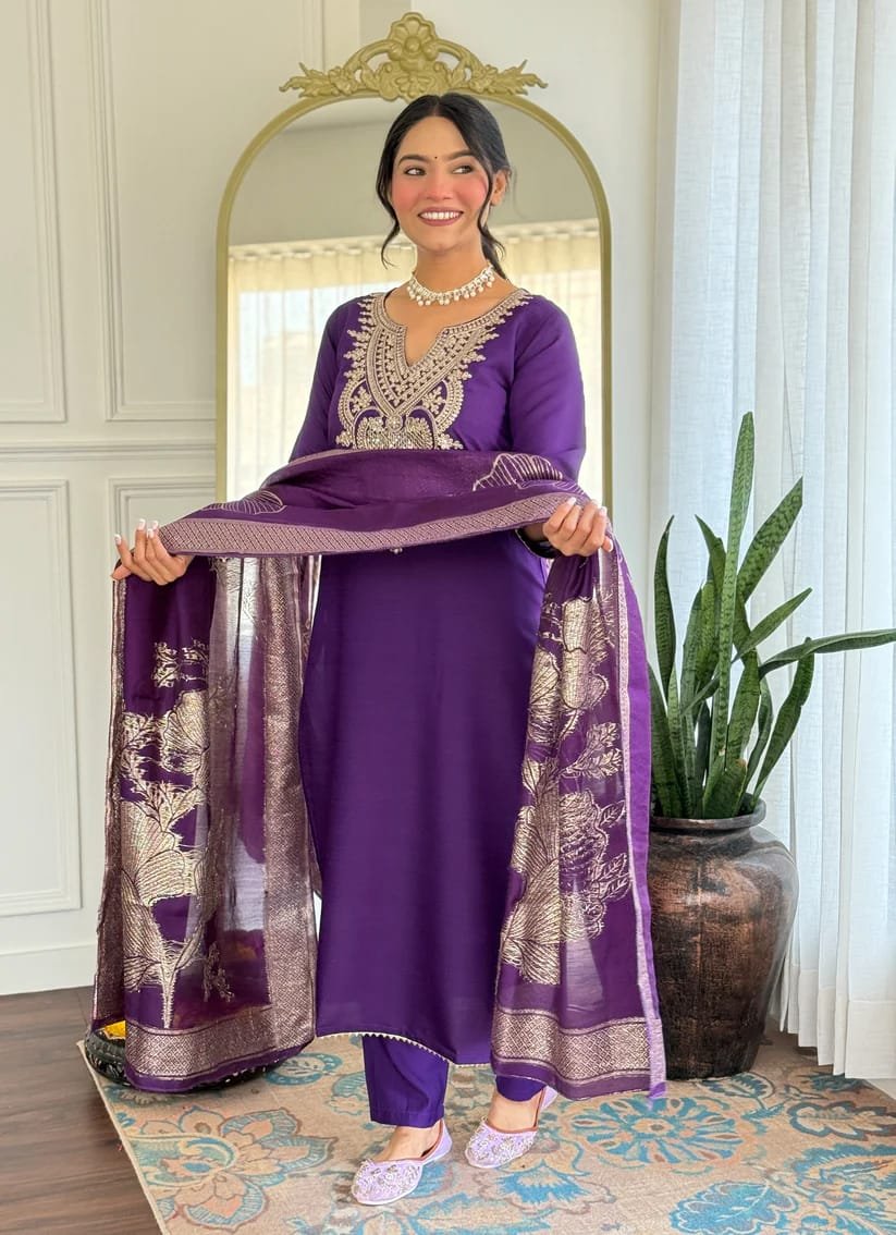 F.B.K. Slub Rayon Embroidered Kurta Set with Chanderi Print Dupatta