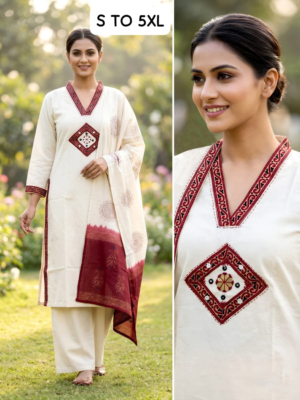 F.B.K. Dabu Cotton V-Neck Kurti Set with Embroidery & Mirror Work