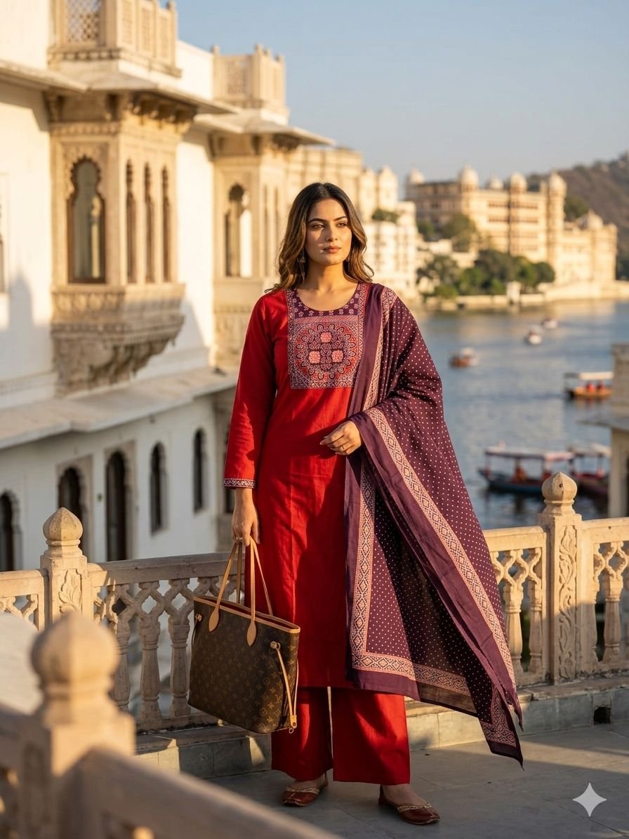 F.B.K. Easy-Breezy Dabu Cotton Embroidered Kurta Palazzo Set with Pocket