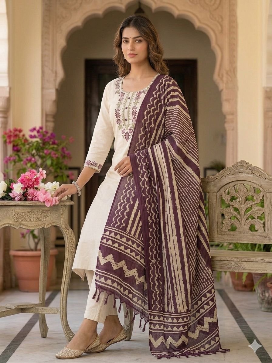 Elegant Embroidered Khadi Cotton 3-Piece Suit Set – Off-White & Plum Code !! F.B.K.