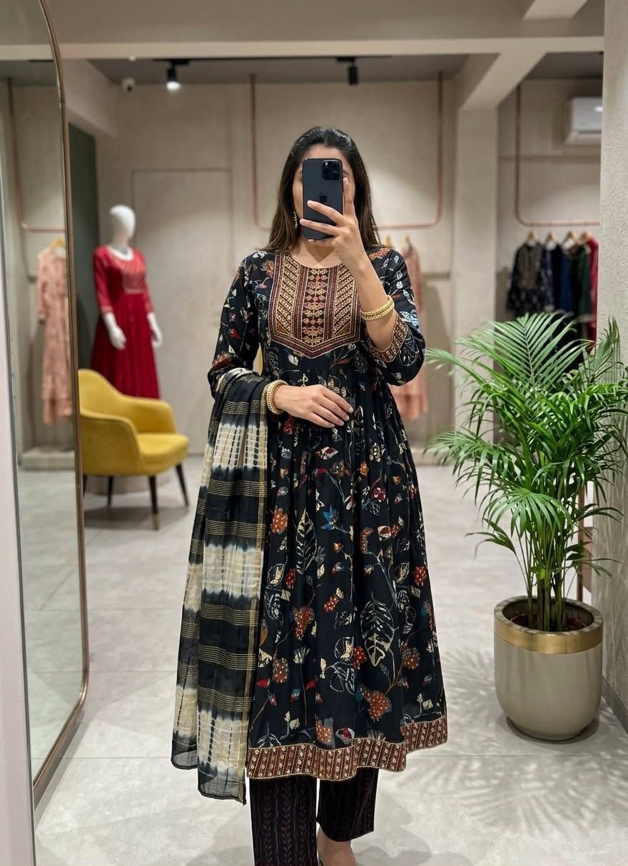 Exquisite Embroidered Nyra-Cut Kurta Set with Hand-Dyed Chanderi Dupatta Code !! F.B.K.