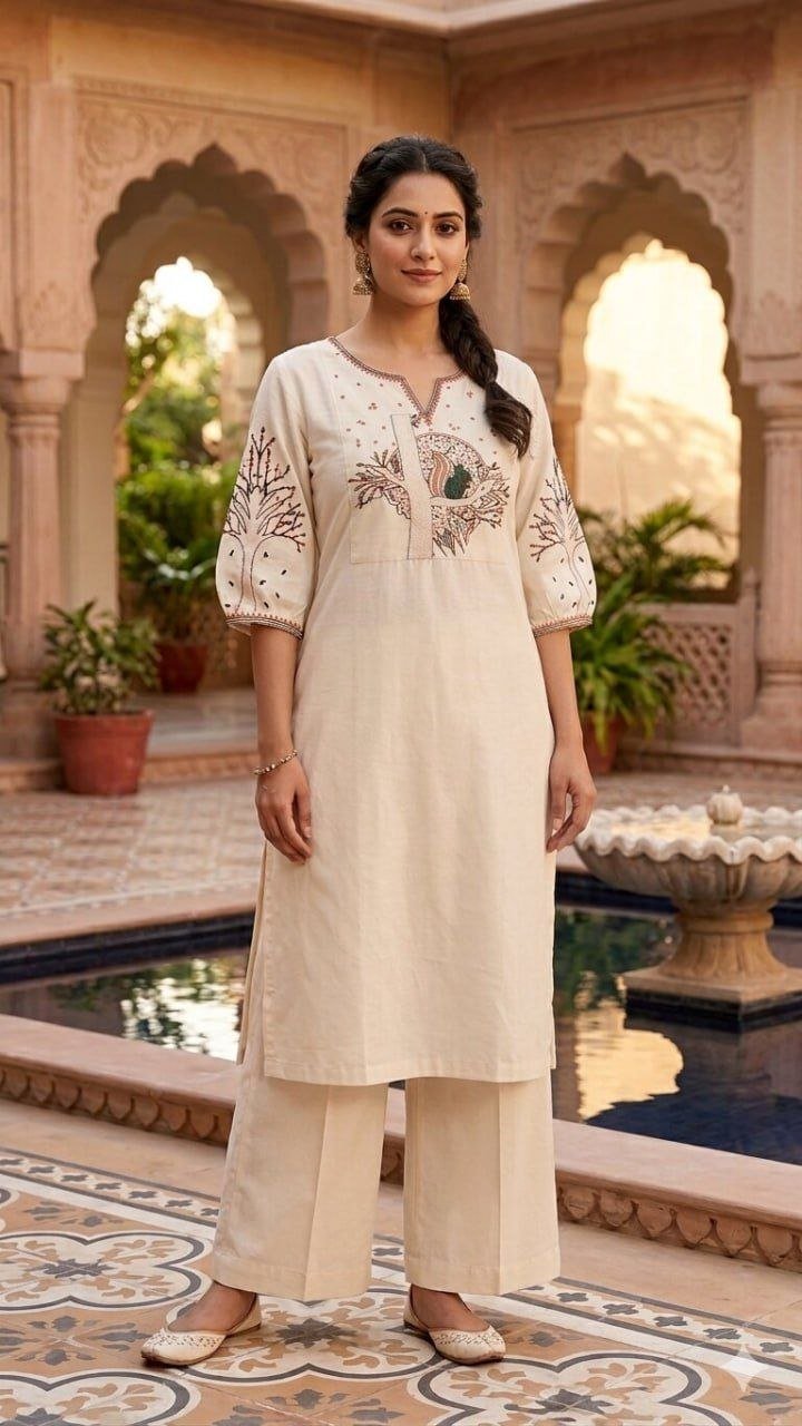 Elegant Embroidered Slub Cotton Kurti & Palazzos Set Code !! F.B.K.