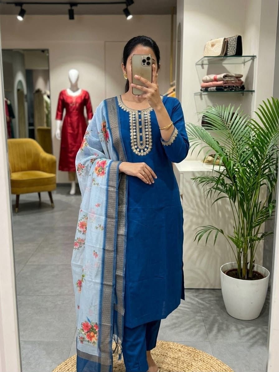 Elegant Floral Chanderi 3-Piece Straight Kurta Set Code !! F.B.K.