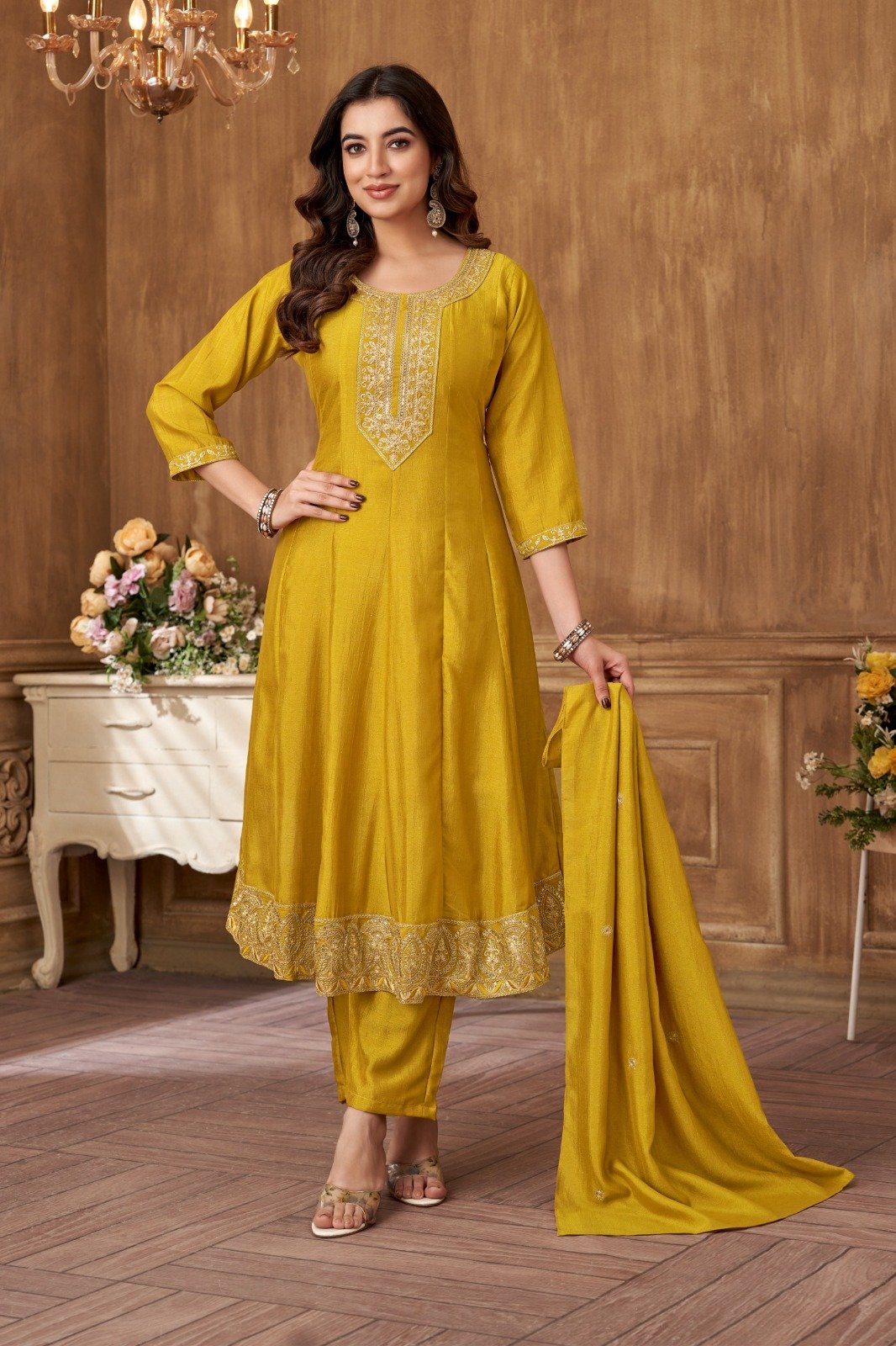 Luxurious Vichitra Silk Anarkali Suit Set with Embroidered Trouser and Dupatta Code !! F.B.K.