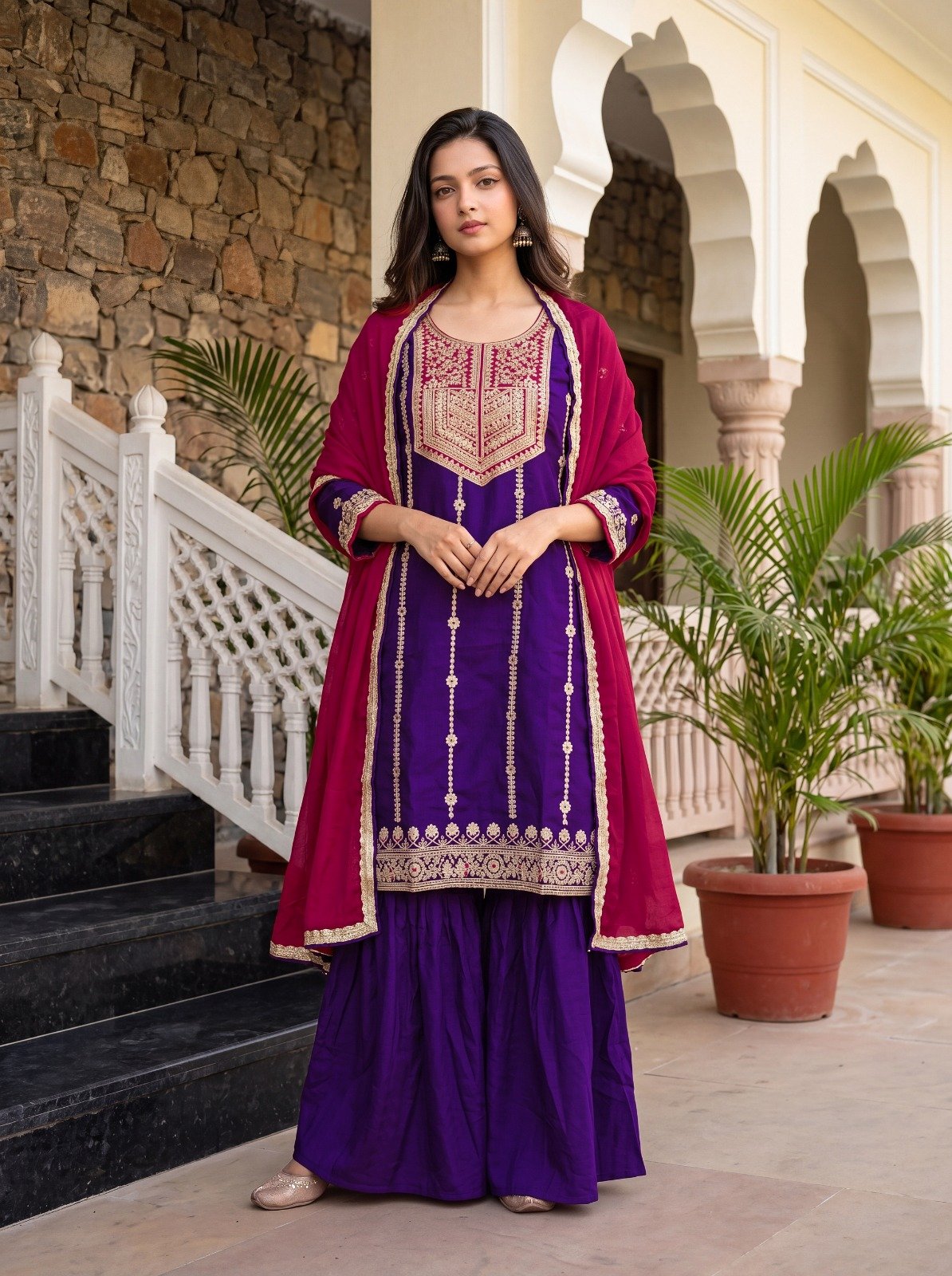 Elegant Vichitra Silk Embroidered Straight Kurta with Sharara and Dupatta Code !! F.B.S.S.