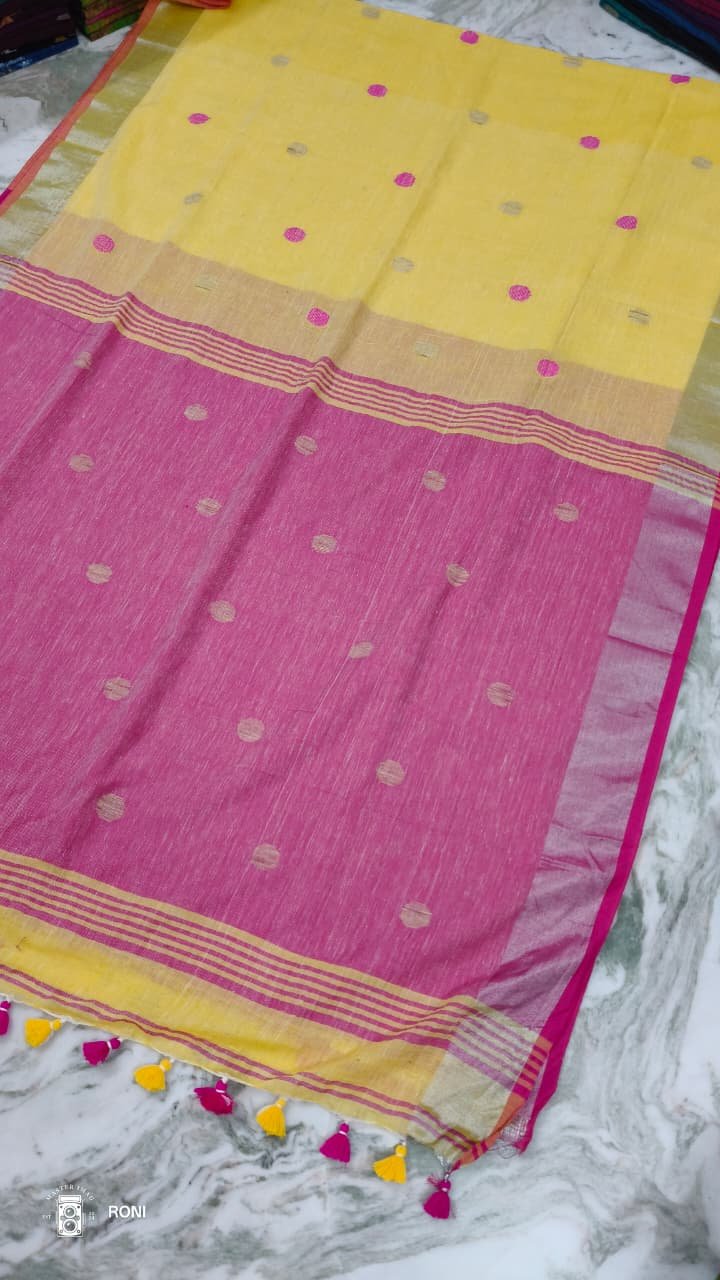 Premium Handloom Linen Ball Butta Woven Saree with Tassels Code !! T.T.G.C.