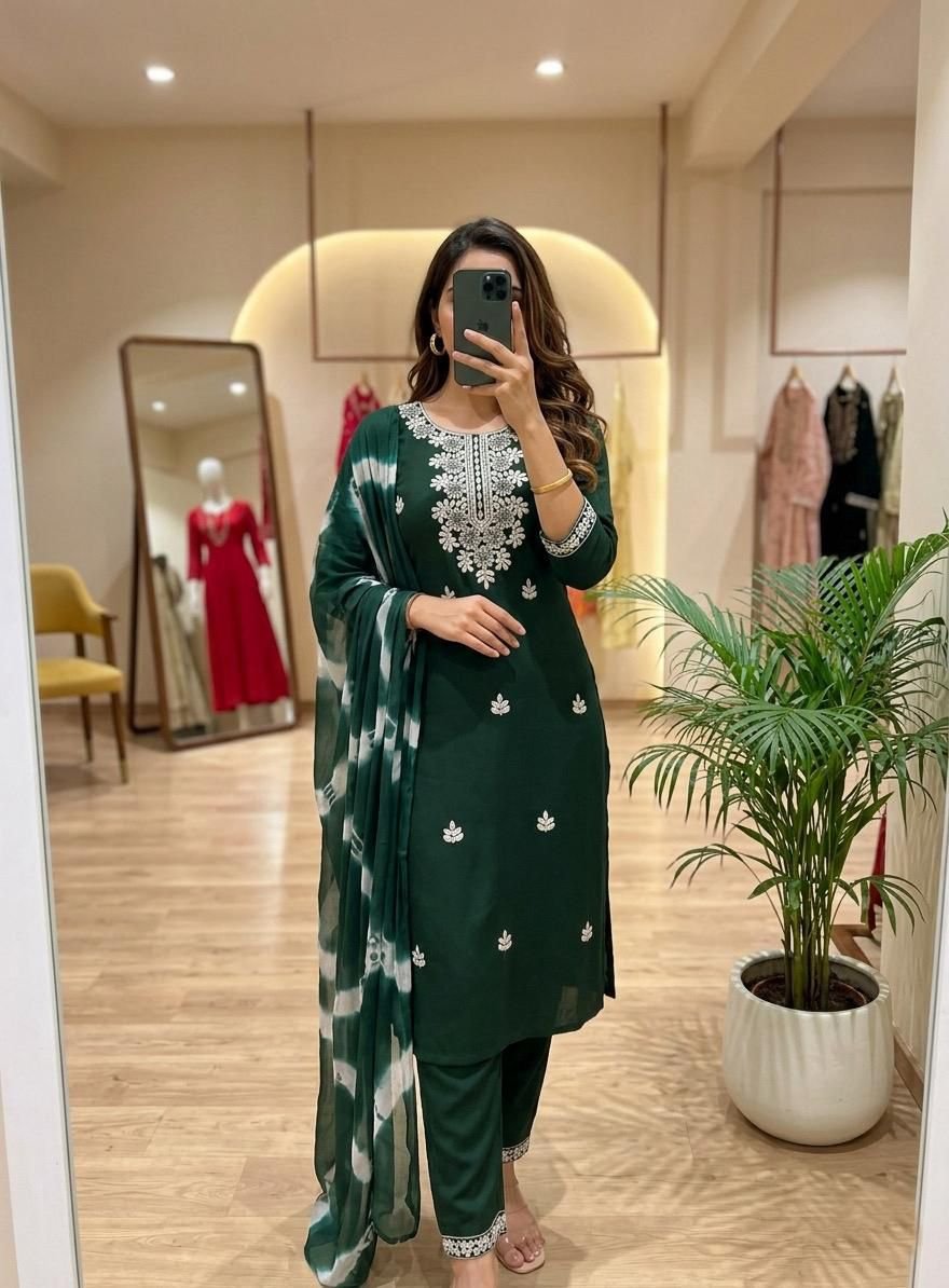 Elegant Lakhnawi Embroidered Straight-Cut Rayon Cotton Kurta Set Code-A.P.F.