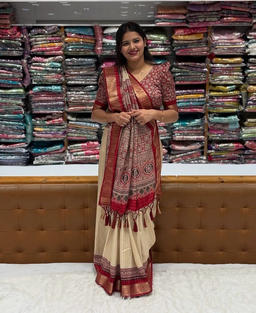 Premium Semi-Modal Handloom Azrakh Print Saree with Blouse Piece Code!! T.T.G.C.