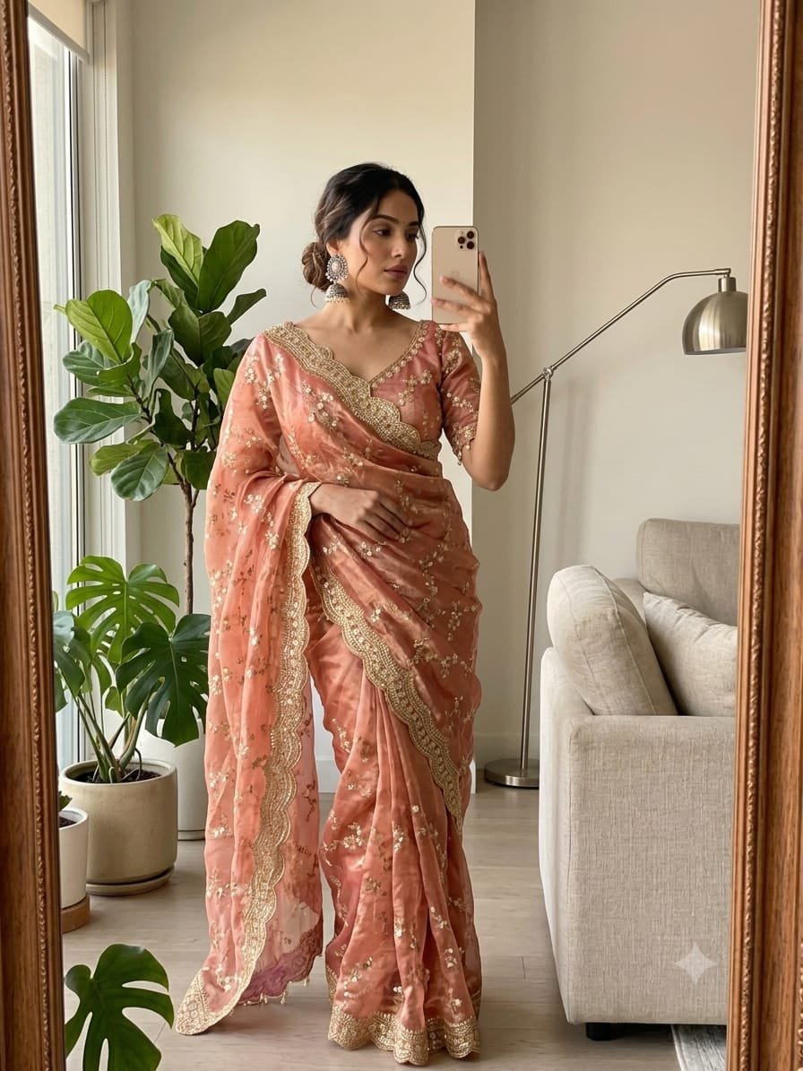 Elegant Embroidered Satin Saree with Sequin Border Code !! F.B.S.