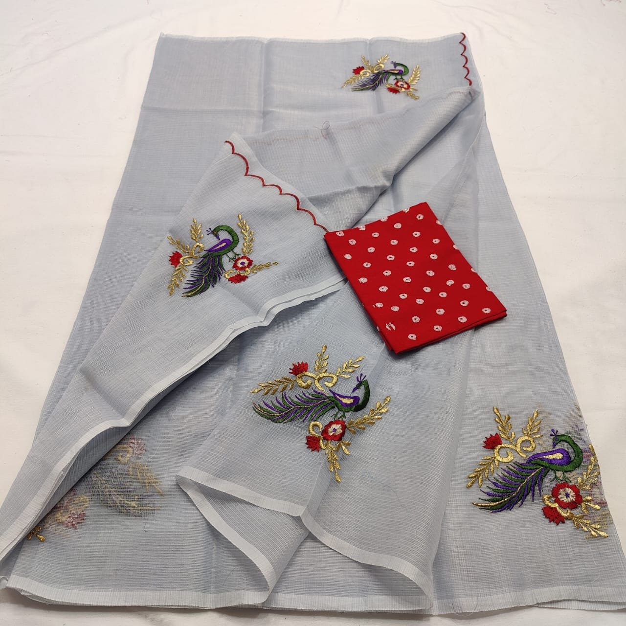 Elegant Kota Doria Mix Cotton Embroidery Saree with Designer Blouse Code !! K.S.M.