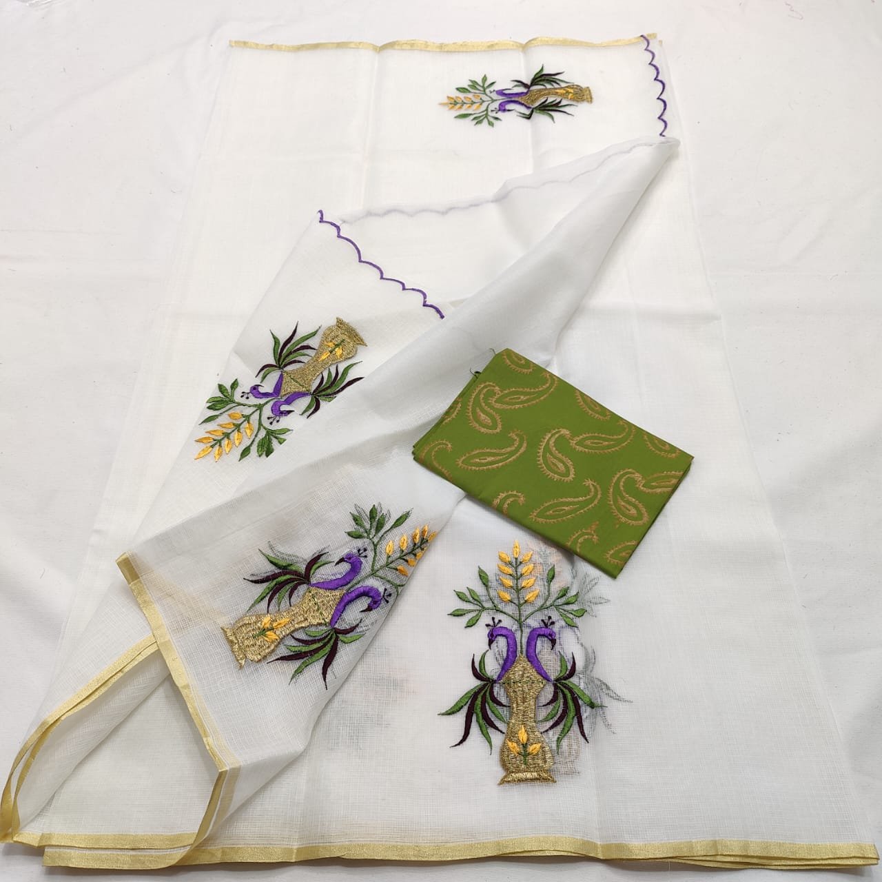 Elegant Kota Doria Mix Cotton Embroidery Saree with Designer Blouse Code !! K.S.M.
