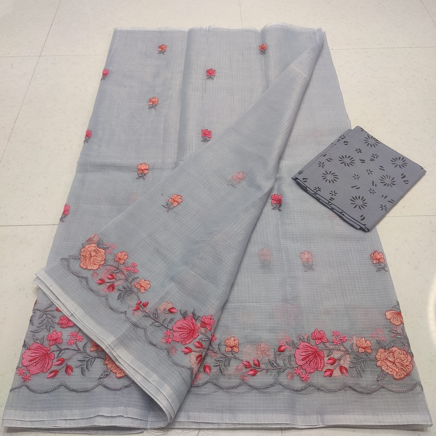Elegant Kota Doria Mix Cotton Computerized Embroidery Saree with Blouse Code !! K.S.M.