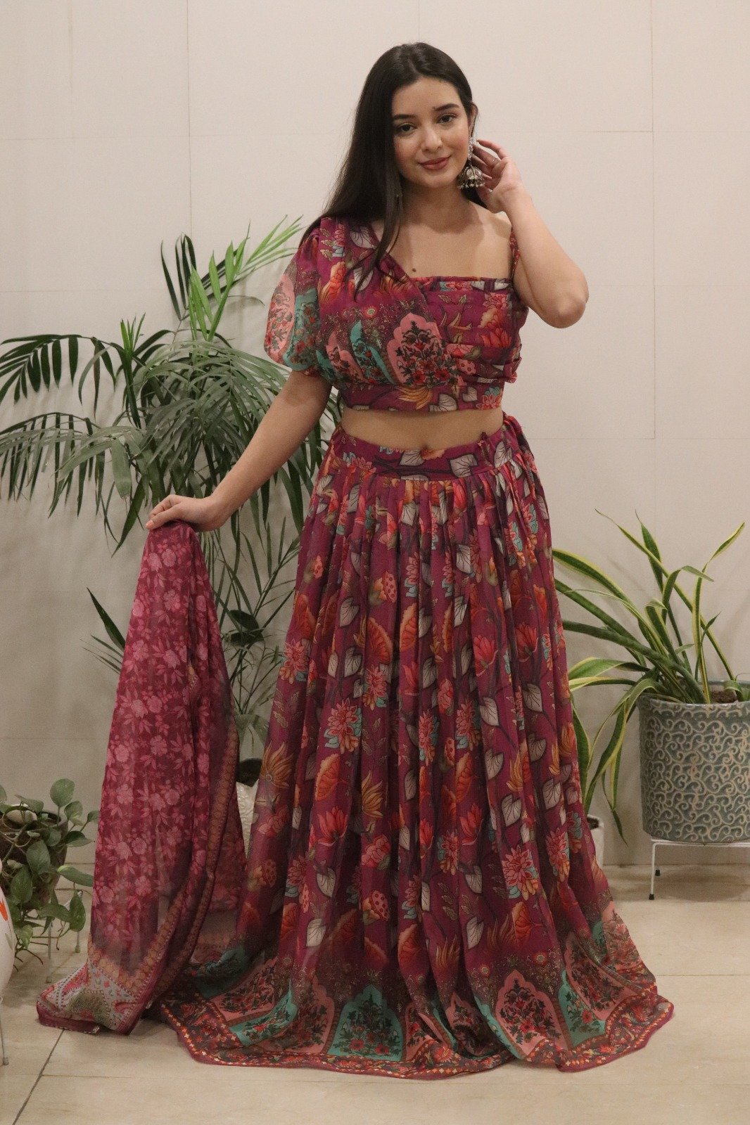 Elegant Wine Floral Printed Organza Silk Lehenga Set Code !! K&R.