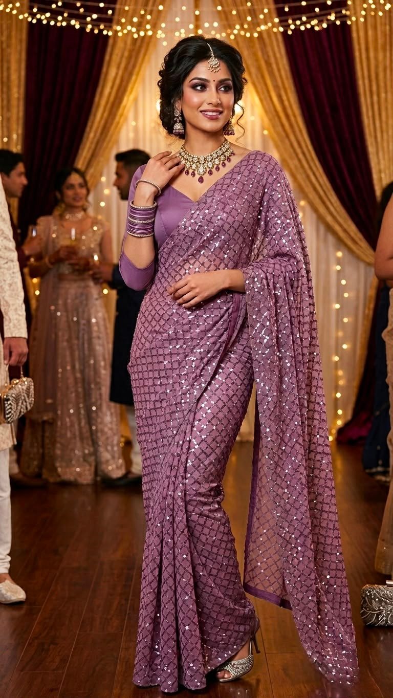 Luxury Dual Sequins Party Wear Saree with Mulberry Silk Designer Blouse Code!! F.B.S.