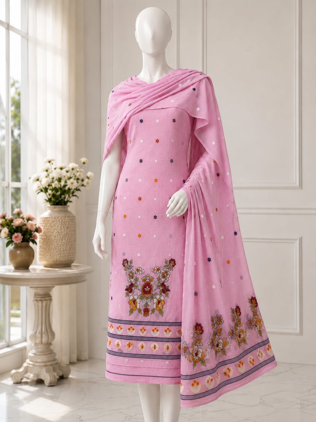 Exclusive Viscose Khadi Unstitched Suit Material with Floral Lota Motif Embroidery Code !! T.T.G.C.