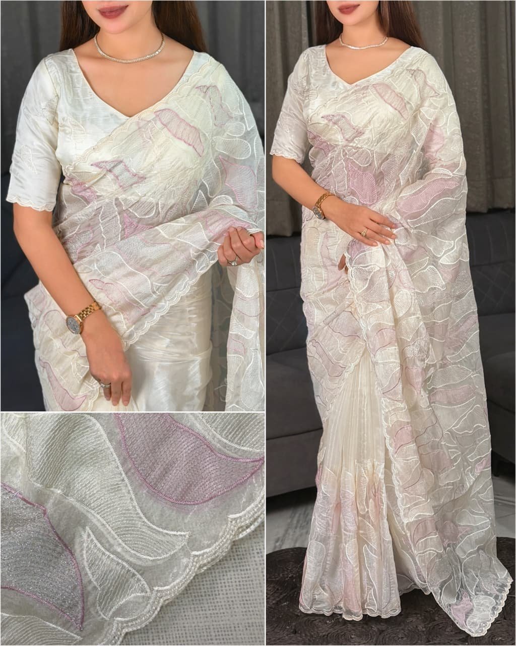 Off White Chanda Silk Saree with Turkish Style Thread & Sequins Embroidery Code !! F.B.S.