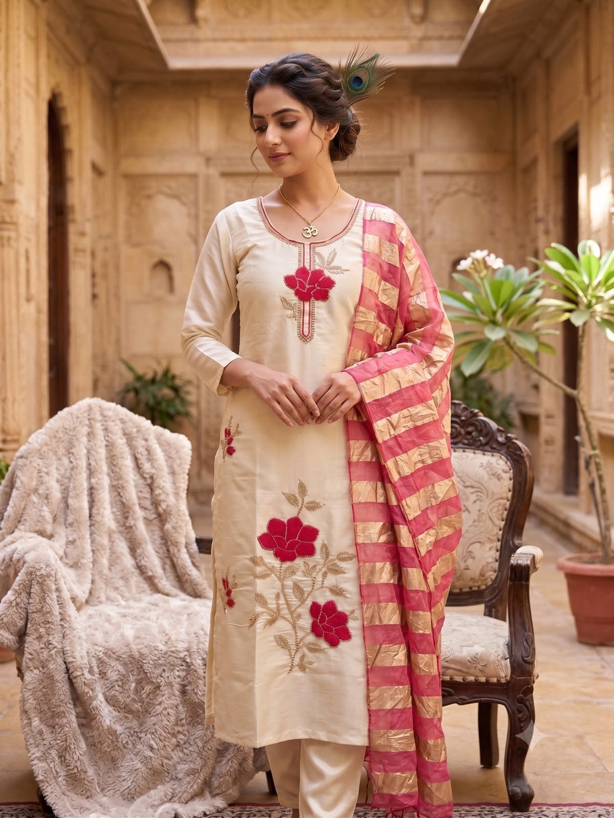 Cream Premium Glass Roman Silk Embroidered Kurta Set with Zari Organza Dupatta Code !! F.B.K.