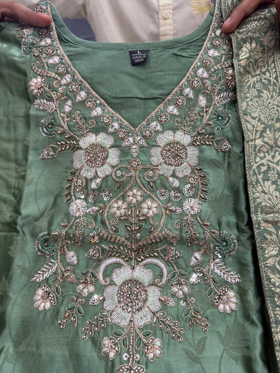 Pure Malay Glass Tissue Kanjivaram Handwork Suit Set with Jacquard Dupatta Code !! F.B.K.