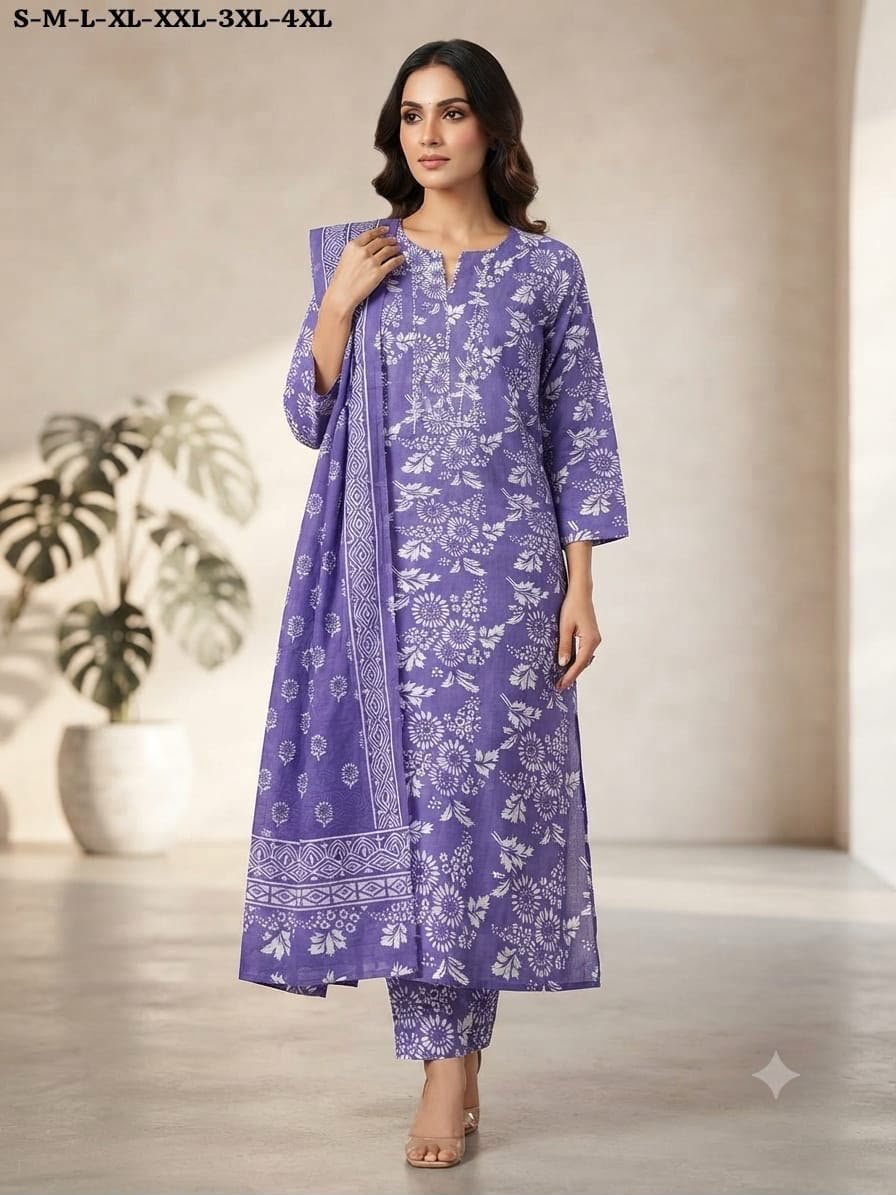 Pure Cotton Floral Print Kurta Set with Mulmul Dupatta  Code!! F.B.K.