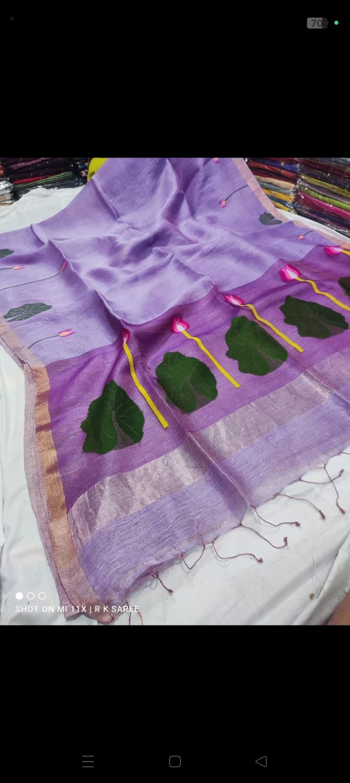 Code!! T.T.G.C. Authentic Pure Linen Saree with Zari Border and Lotus Motif Floral Print | Unstitched Blouse Piece Included