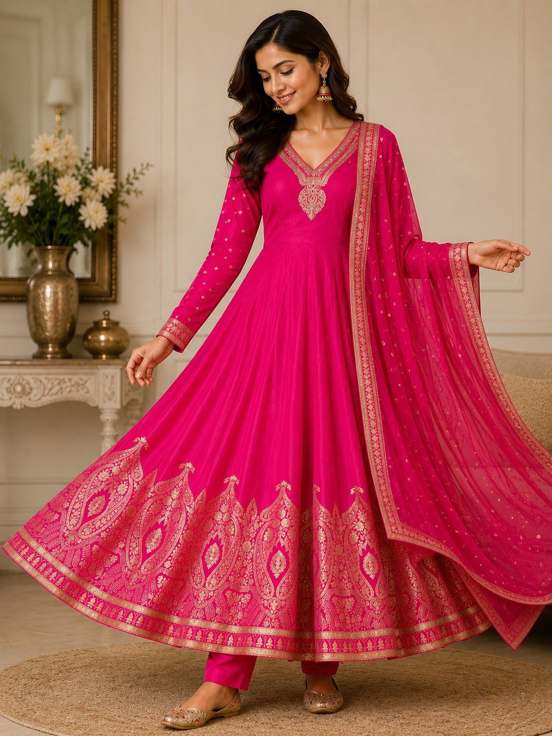 Chanderi Silk Banarasi Zari Weaving Anarkali Suit Set with Heavy Embroidered Neckline & Dupatta Code!! F.B.S.S.