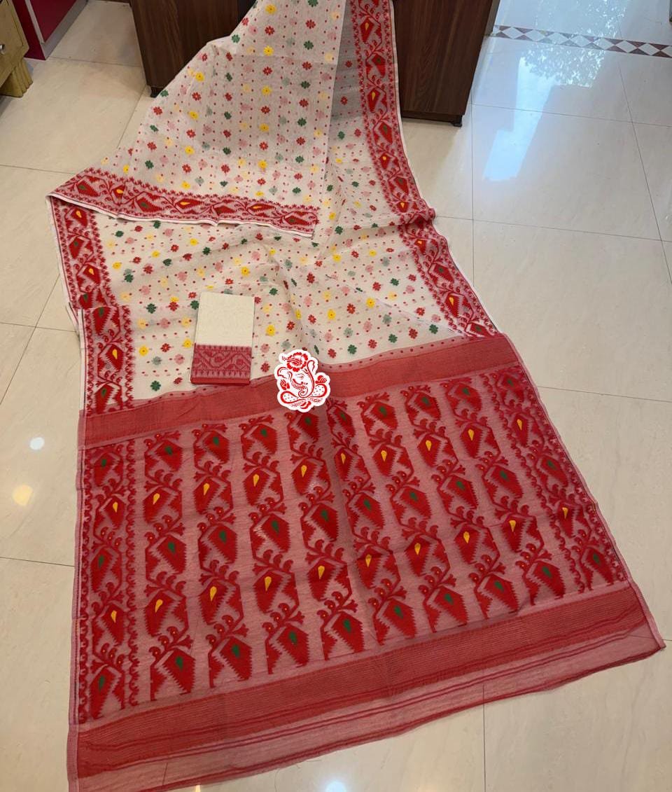 Handloom Soft Dhakai Jamdani Saree with Traditional Red Woven Pallu & Blouse Piece | Durga Puja Special Code!! T.T.G.C.