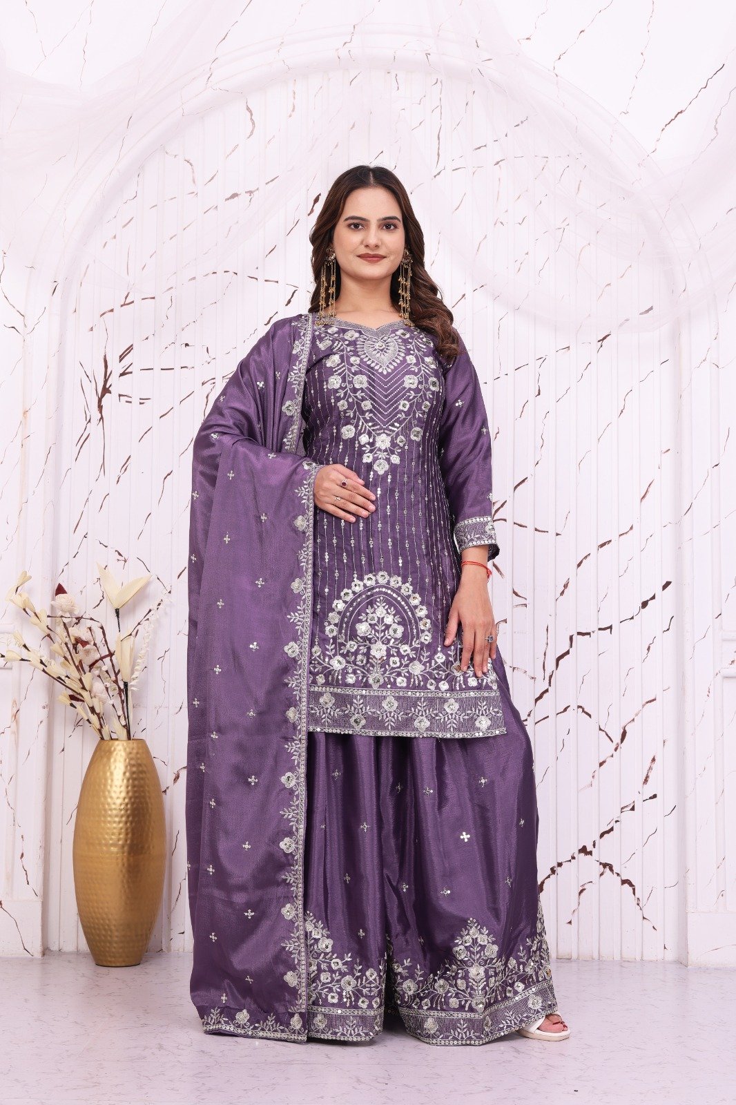 Designer Chinon Silk Sequins Embroidered Kurti with Fully Stitched Sharara Set & Dupatta Code !! F.B.S.S.