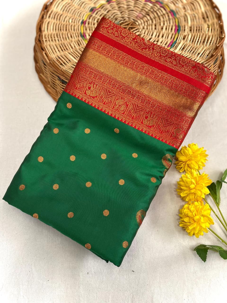 Traditional Paithani Silk Saree with Kanchipuram Style Contrast Zari Woven Border & Pallu Code-T.S.K.