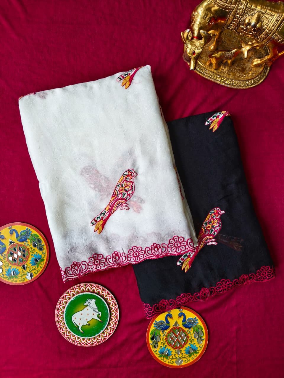 Pure Georgette Saree with Embroidered Bird Motifs, Floral Lace Border & Woven Bandhani Blouse Code-T.S.K.