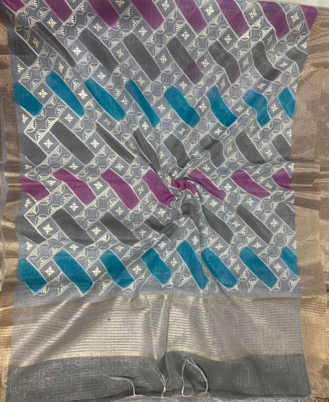 Hand Brush Painted Linen Tissue Saree with Embroidery & Zari Tissue Border 