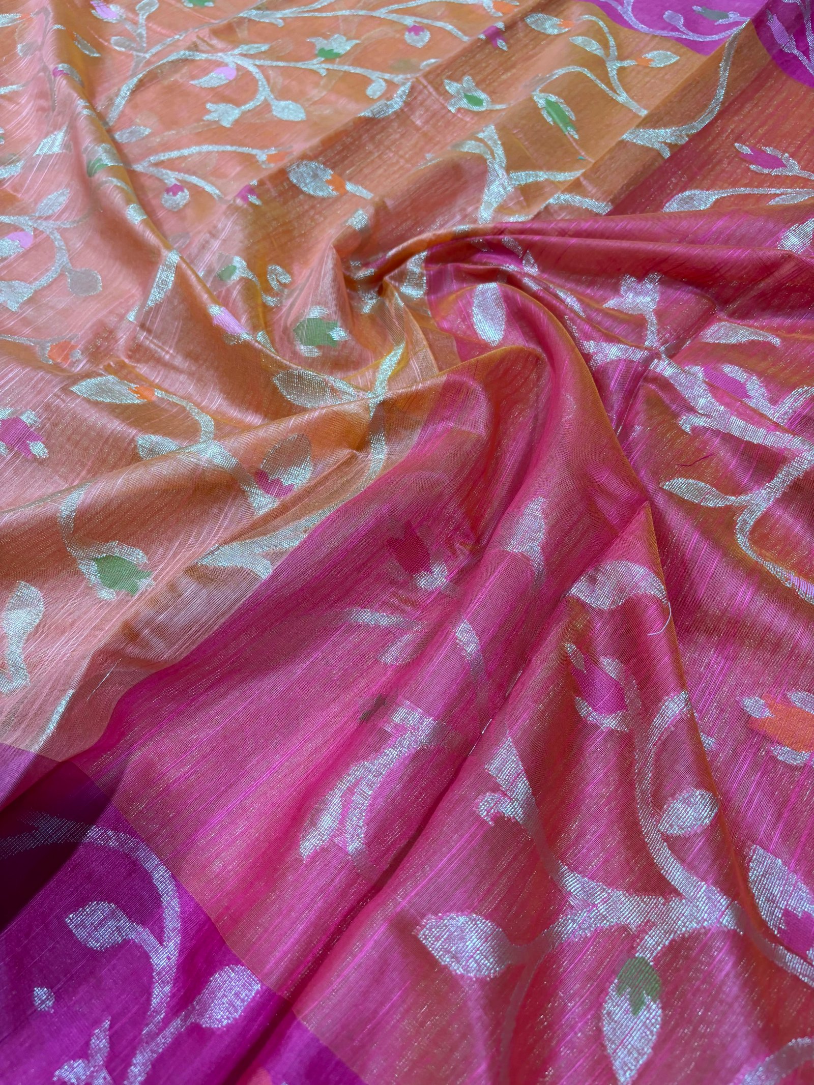 Linen Jamdani Cotton Saree with All-Over Zari Floral Weaving & Contrast Border