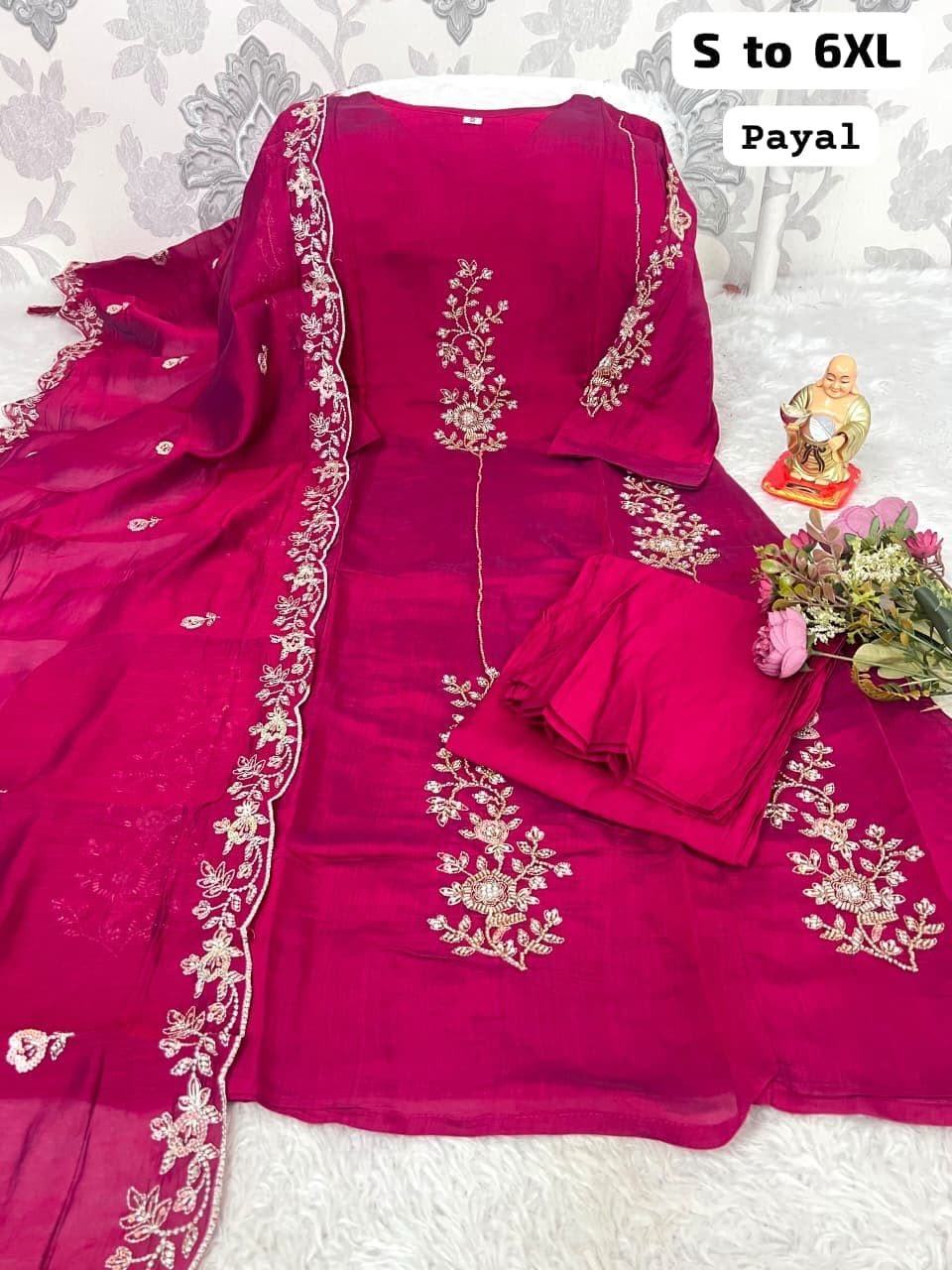 Premium Mull Chanderi Silk Handwork Kurti Set with Embroidered Scalloped Dupatta & Trousers Code!! F.B.K.
