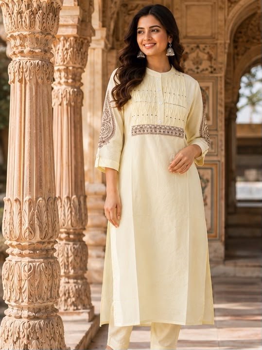 Pure Cotton Embroidered Kurti Pant Set with Front Button Detailing & Pocket Trousers Code !! F.B.K.