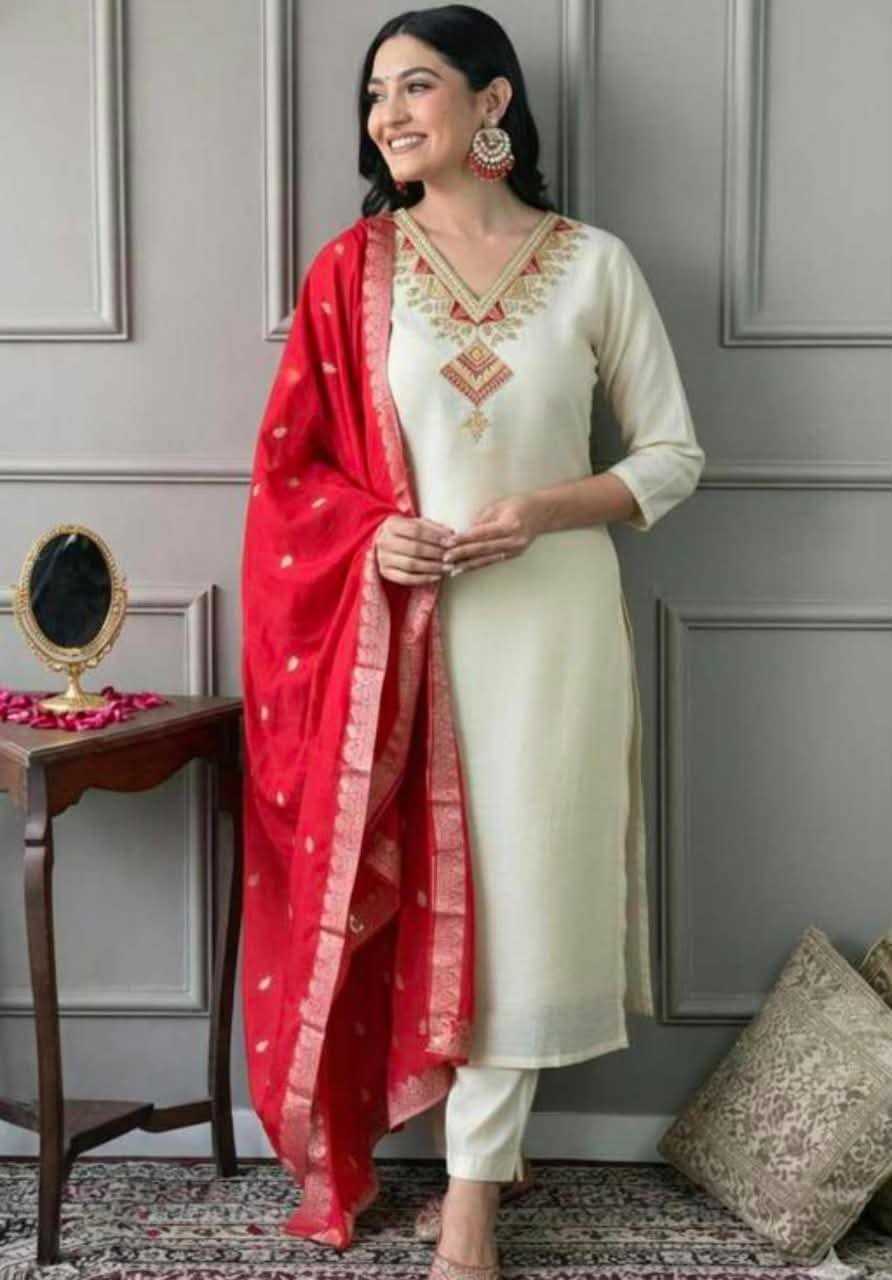 Slub Cotton Embroidered Kurti Pant Set with Woven Jacquard Dupatta Code!! F.B.K.