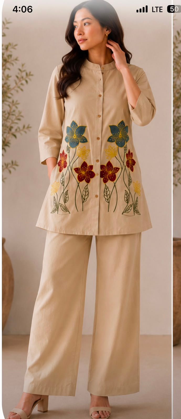 Pure Mul-Cotton Floral Embroidered Co-ord Set with Top and Pants Code !! F.B.K.