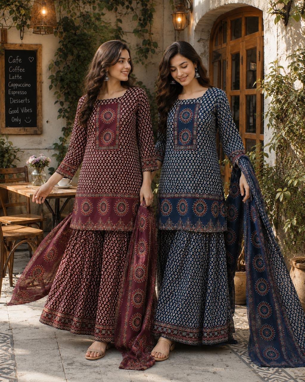 Premium Cotton Printed Gopi Style Kurti Sharara Set with Malmal Dupatta (F.B.K.)