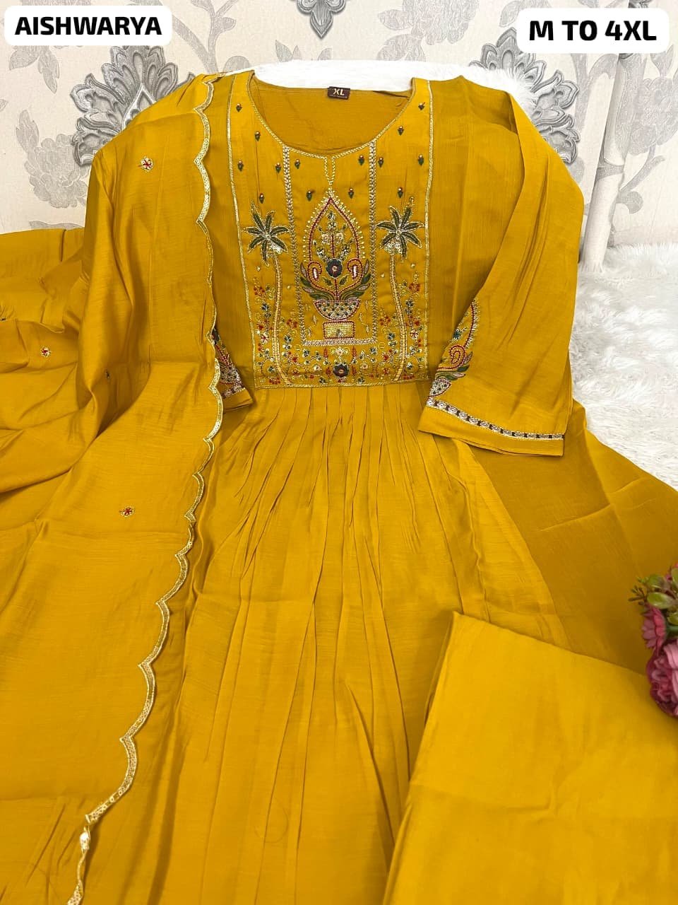 Premium Mull Chanderi Heavy Embroidered Anarkali Kurti Trouser Set with Scalloped Dupatta (F.B.K.)