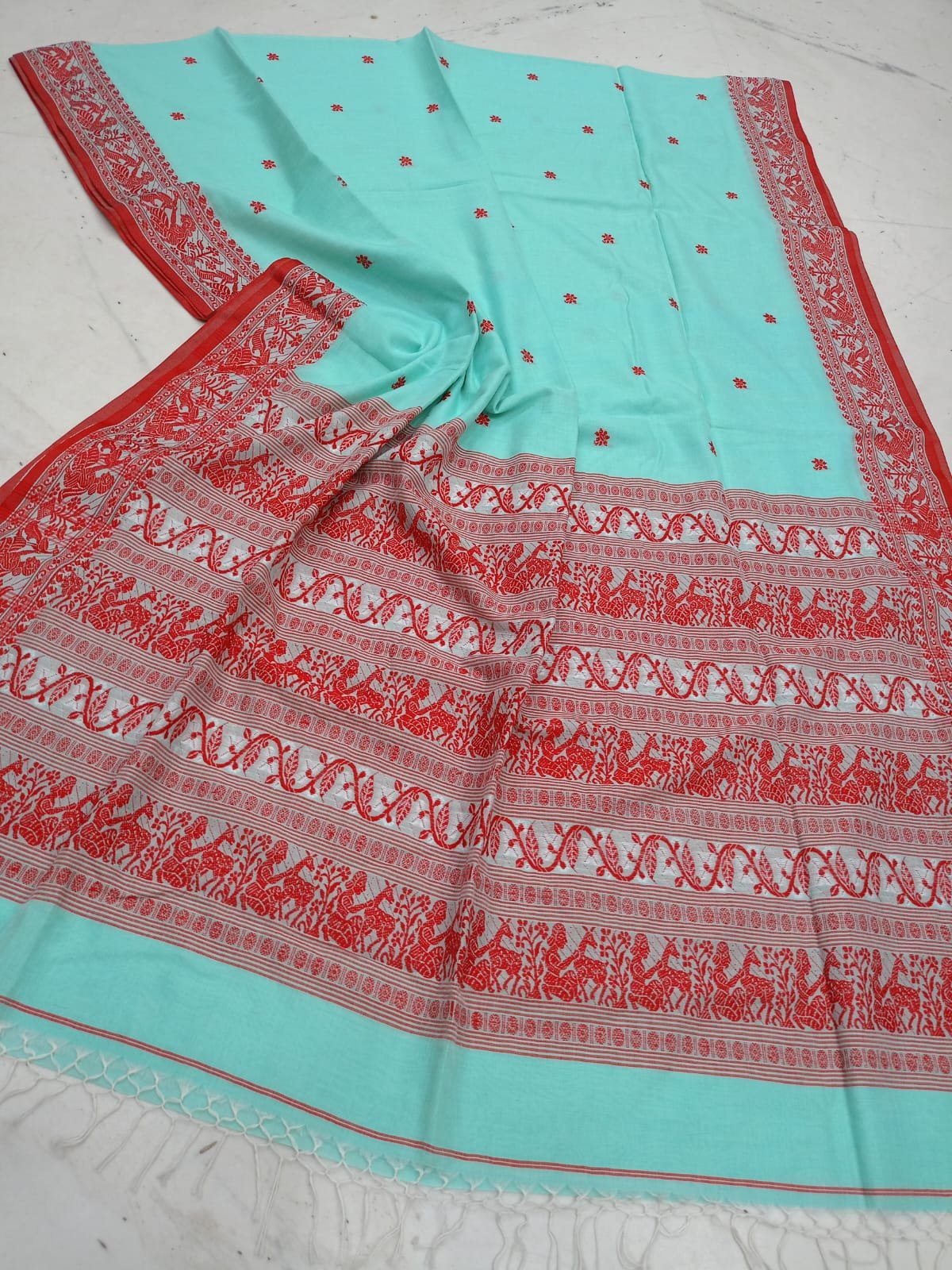 Exclusive Authentic Handloom Cotton Baluchuri Saree with Contrast Woven Border & Blouse Piece (T.T.G.C.)