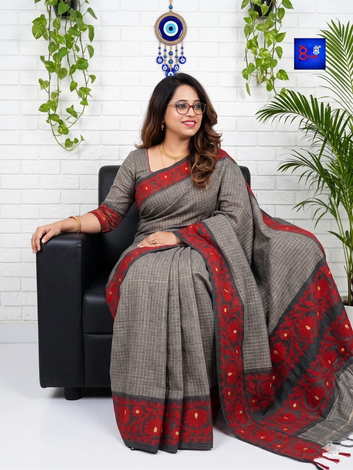Exclusive Authentic Handloom Cotton Zari Check Saree with Contrast Woven Border (T.T.G.C.)