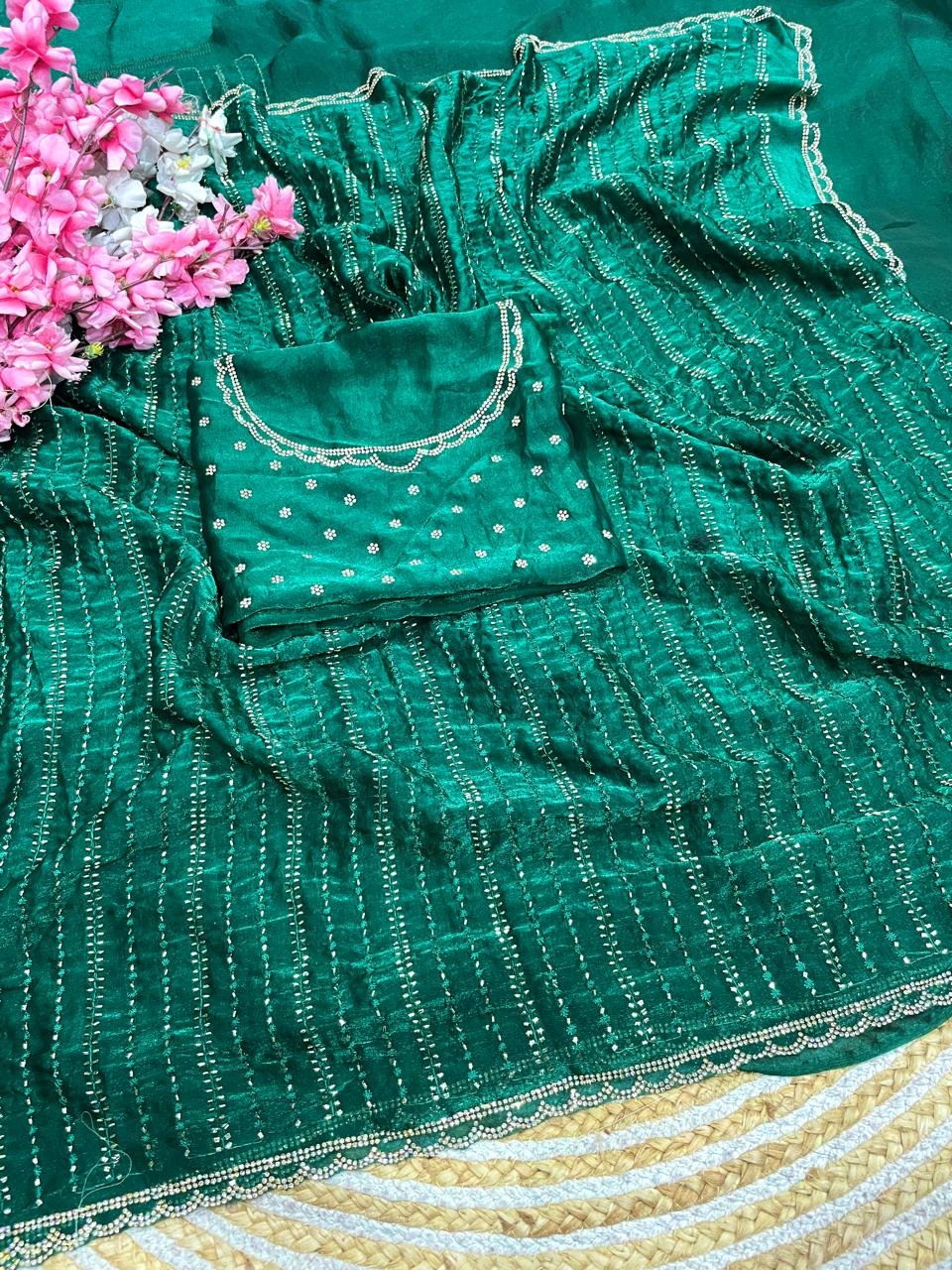 Designer Space Soft Silk Saree with Swarovski Jarkan Work & Scallop Border (Code: F B.S.)